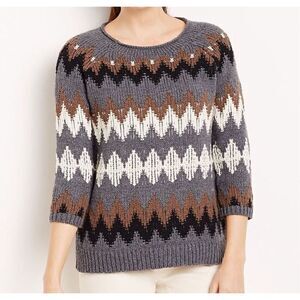 J Jill Gray Jacquard Chevron Knit Sweater Women Size Large Fall Winter Classic
